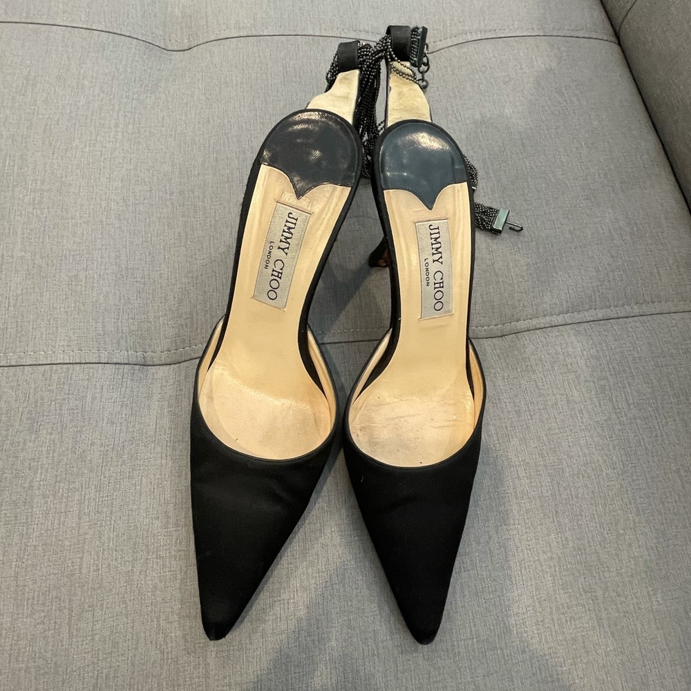 Jimmy Choo mini heel black pointy stilettos.